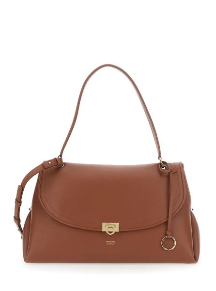 Geanta de umar Brown Shoulder Bag with Gancini Buckle and Adjustable, Removable Shoulder Strap in Leather for Women