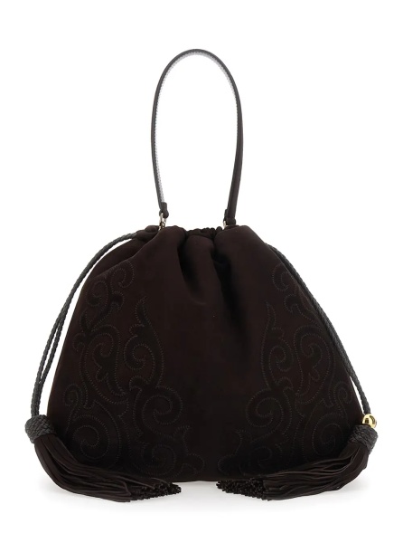 Geanta de umar 'Kalispera' Black Shoulder bag with Drawstring Closure and Embroidery in Suede for Women