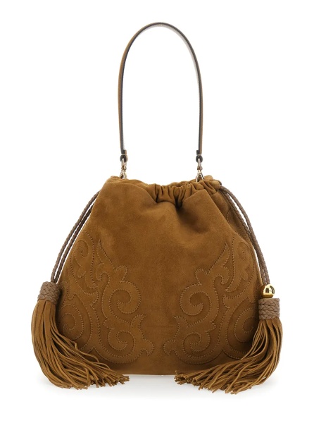 Geanta de umar 'Kalispera' Brown Shoulder bag with Drawstring Closure and Tassels on the Front in Suede for Women