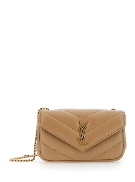 Geanta de umar 'Loulou' Beige Mini Crossbody bag with Cassandre Plate on the Front and Chain Strap in Leather for Women