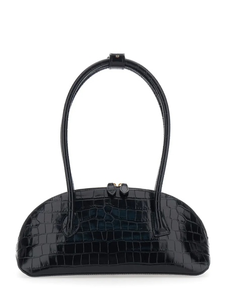 Geanta de umar Shoulder Bag 'Ew Dome' with Round Top Handles and Crocodile-Effect in Black Leather for Women