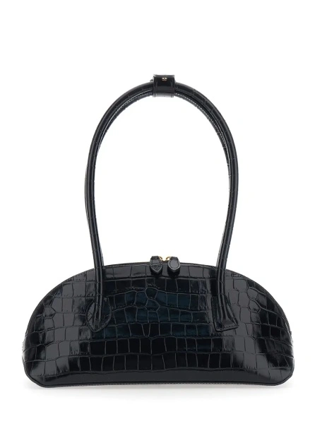 Geanta de umar Shoulder Bag 'Ew Dome' with Round Top Handles and Crocodile-Effect in Black Leather for Women