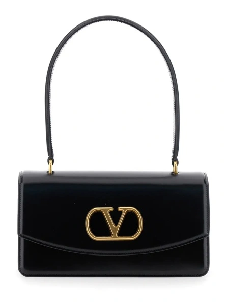 Geanta de umar 'Vain' Black Shoulder Strap with VLogo Plaque on the Front and One Top Handle in Leather Woman