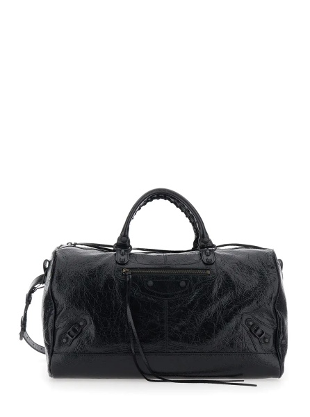 Geanta de voiaj 'Le City Boston' Black Duffel Bag with Adjustable and Removable Shoulder Strap and Front Zip Pocket in Leather for Men