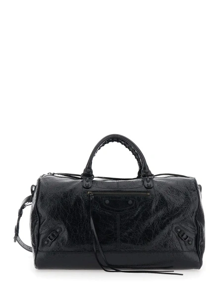 Geanta de voiaj 'Le City Boston' Black Duffel Bag with Adjustable and Removable Shoulder Strap and Front Zip Pocket in Leather for Men