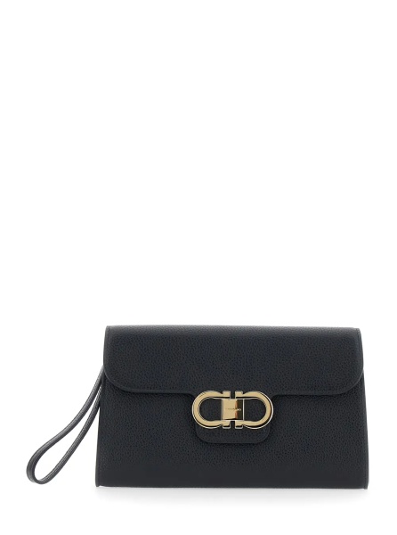 Genti black Clutch with Double Gancini buckle on the front in grained leather for women