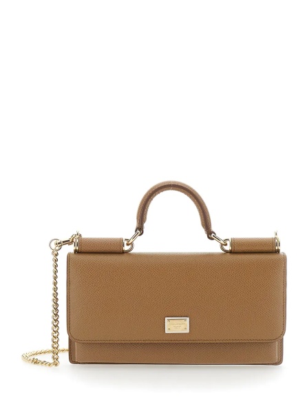 Genti Brown Mini Bag with Chain Strap and Logo Plate on the Front in Leather for Women