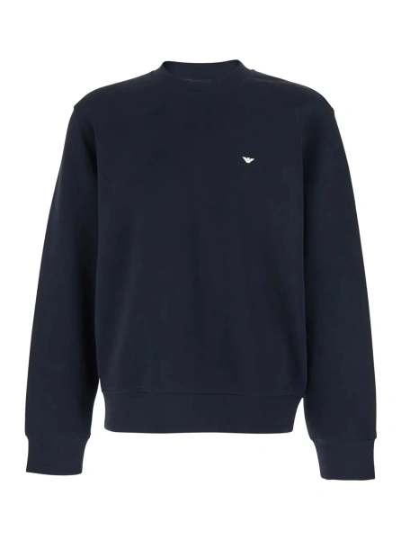 Hanorace Blue Crewneck Sweatshirt with Logo Embroidery on the Front in Cotton Blend for Men