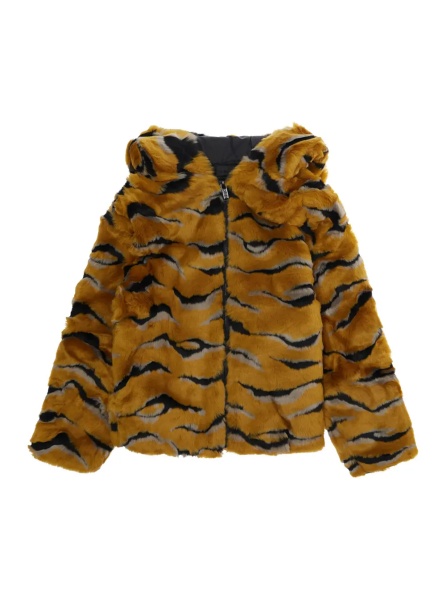 Hanorace Brown sweatshirt with all-over tiger motif and hood with ears in faux fur for Girl