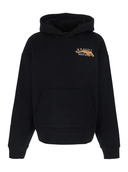 Hanorace Hooded Sweatshirt with Fixed Hood and Lettering Logo on Front and Back in Black Cotton for Men