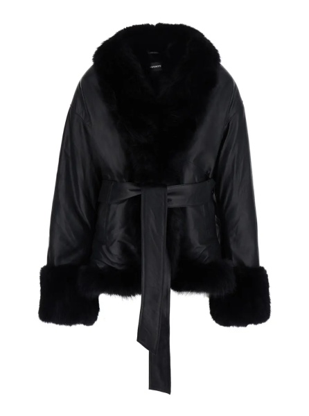 Jacheta Black jacket with eco-fur inserts and waist belt in leather for women
