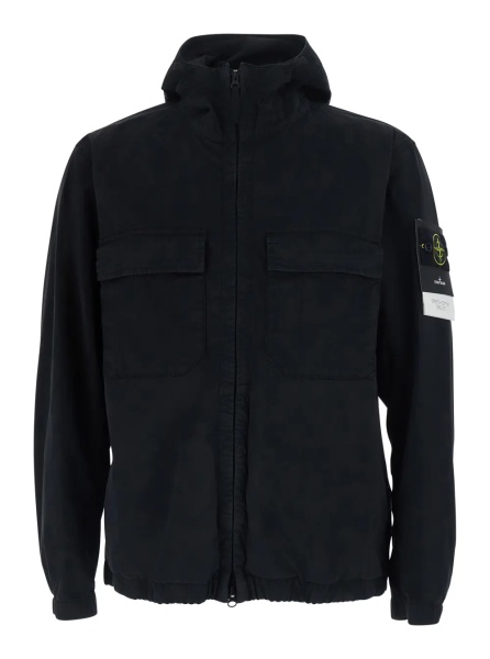 Jacheta black Jacket with fixed hood and logo patch on the sleeve in cotton twill men