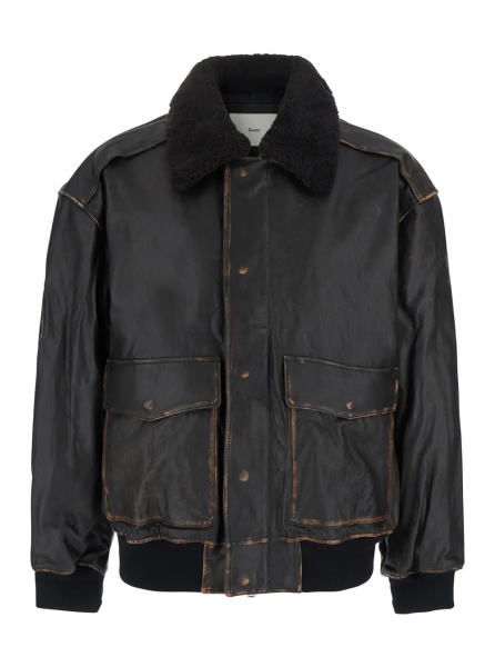 Jacheta Black jacket with shearling-collar and distressed finish in leather for men