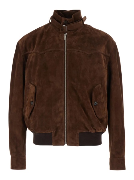 Jacheta Brown Suede Jacket with Collar, Strap and T Detail on the Back for Men