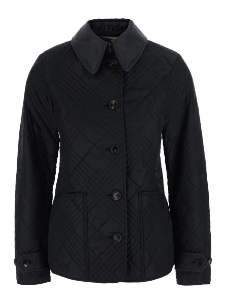 Jacheta 'Fernleigh' Black Jacket with removable leather collar and all-over Check stitching in quilted tech fabric for women