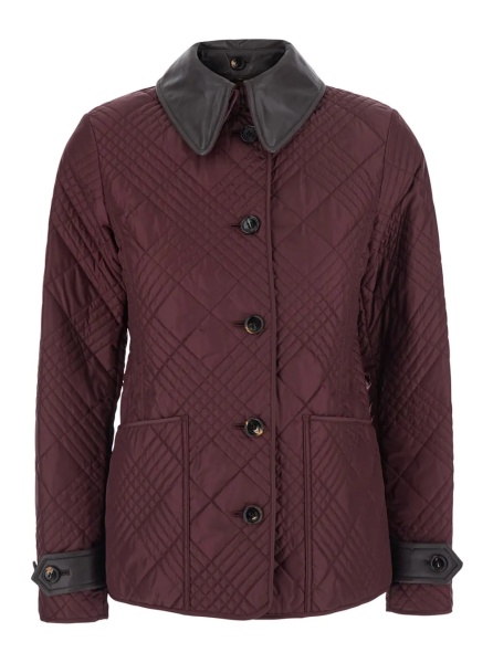 Jacheta 'Fernleigh' Bordeaux Jacket with removable leather collar and all-over Check stitching in quilted tech fabric for women