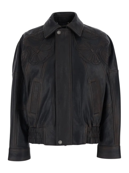 Jacheta 'Journey' Brown Jacket with Classic Collar and All-Over Floral Embroidery in Leather for Women