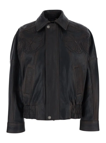 Jacheta 'Journey' Brown Jacket with Classic Collar and All-Over Floral Embroidery in Leather for Women