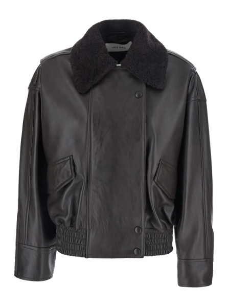 Jacheta 'Laila' Brown Jacket with wide collar in eco-fur and Dropped shoulders in leather for women
