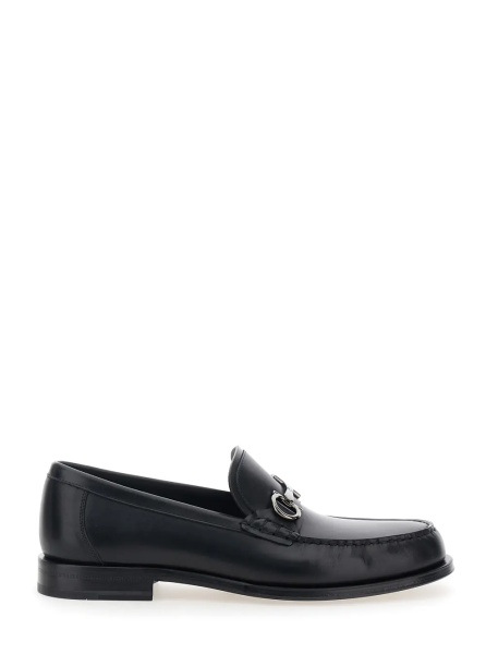 Mocasini Black Loafers with Gancini Metal Detail on the Front in Leather Man