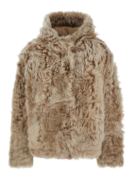 Paltoane Beige Fur Coat with Fixed Hood and Hidden Fastening in Fur Woman