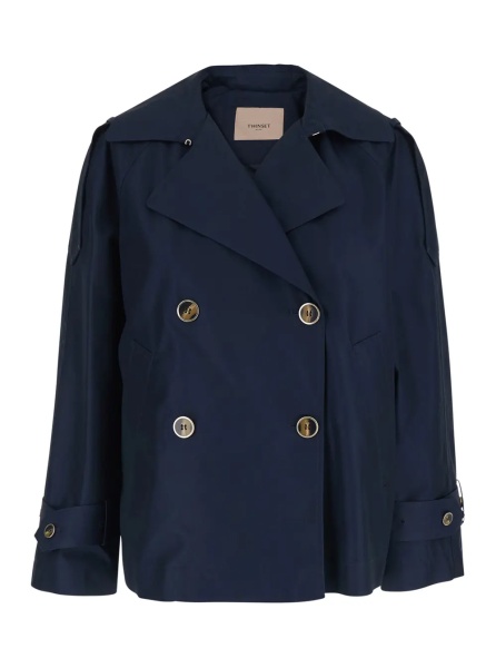 Paltoane Short Double-breasted Trench Coat in Blue Tech Fabric for Women