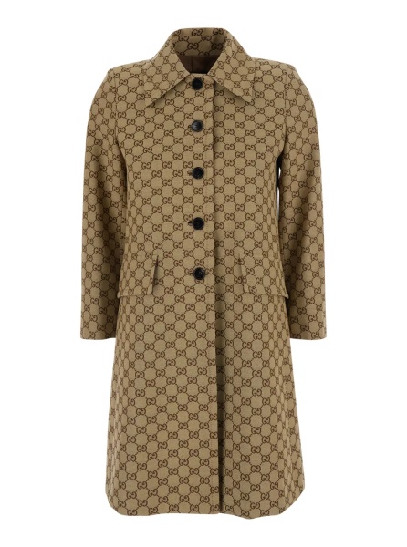 Palton Beige Coat with Pointed Collar in GG Canvas for Women