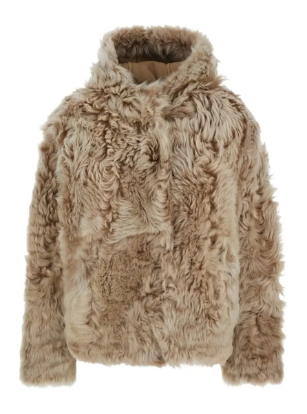 Palton Beige Fur Coat with Fixed Hood and Hidden Fastening in Fur Woman