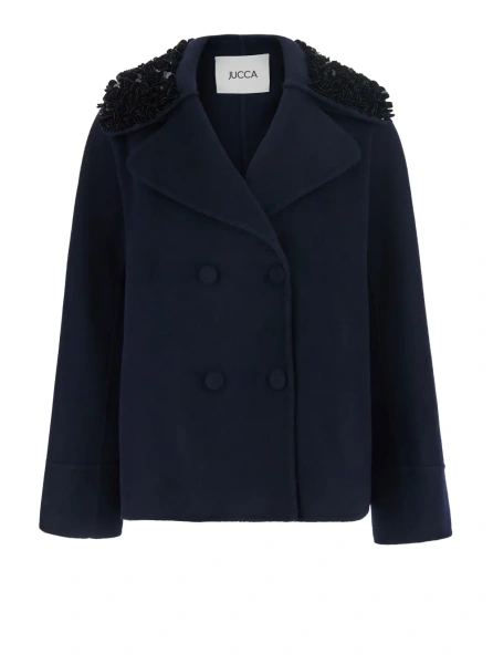 Palton Decorated Collar Coat in Blue for Women