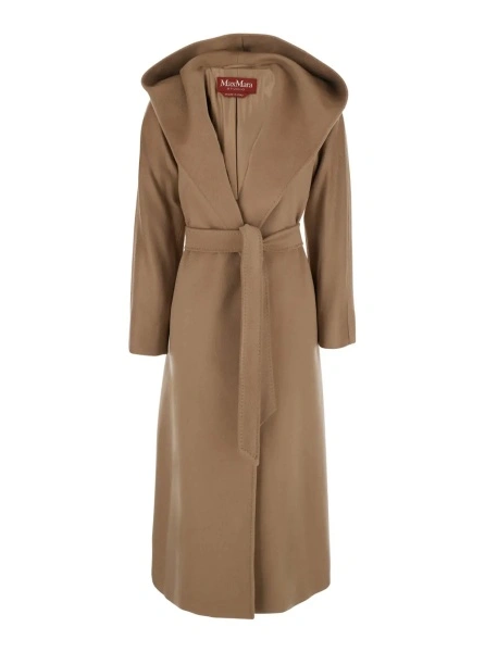 Palton 'Elegia' Beige Coat with hood and front belt in cashmere for women