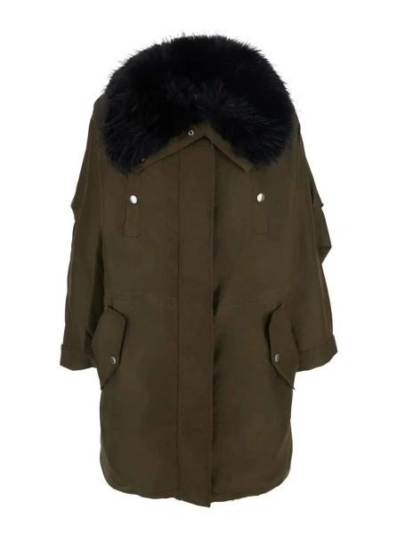 Palton 'Frankie' Green Coat with fur collar and side pockets in Tech Fabric Women