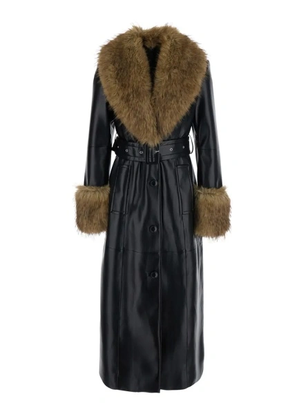 Palton Star coat in faux leather with collar and long sleeves in black for women