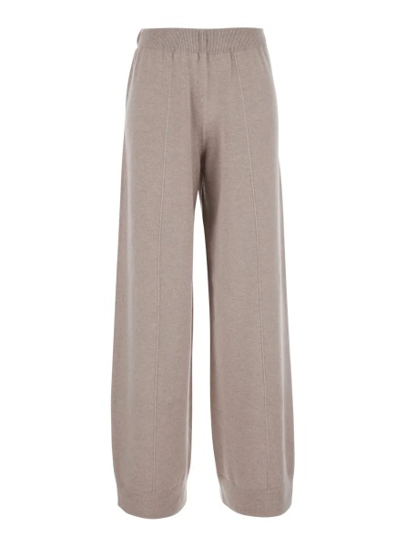 Pantaloni Beige Pants with Elastic Waist and Applied Rhinestones in Wool and Silk for Women