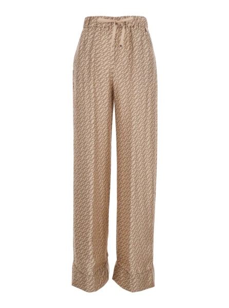 Pantaloni Beige Silk Pants with Elastic Drawstring Waist and All-Over Print Woman