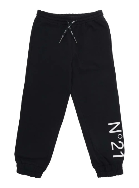 Pantaloni Black Pants with Elastic Waist and Drawstring and Maxi Logo on the Front in Cotton Boy