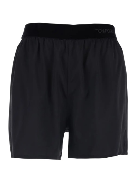 Pantaloni Black Shorts with Elastic Waist and logo lettering in Stretch Silk Woman