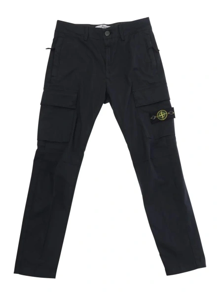 Pantaloni Blue Pants with Logo Patch on the Front and Two Flap Pockets in Stretch Cotton for Kids