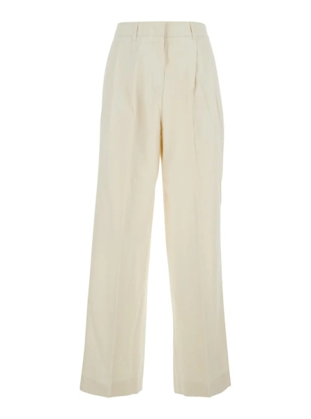 Pantaloni White Pants with Belt Loops and Front Pleats in Cotton Blend for Women