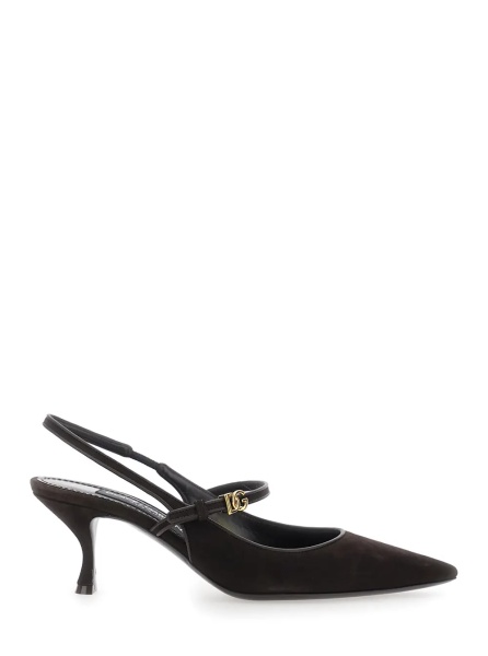 Pantofi Black Slingback Pumps with Ankle Strap and Logo Plate in Suede for Women
