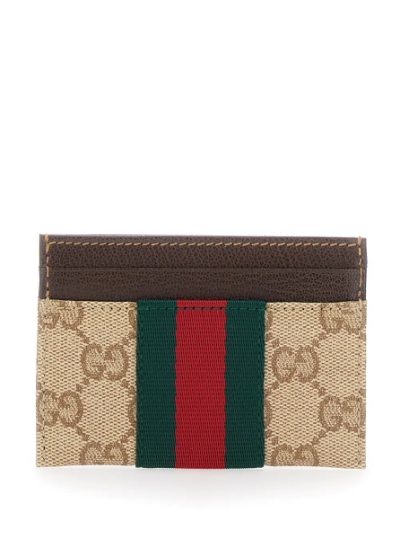 Portofele beige Card holder with Web stripe and all-over GG motif in fabric for women