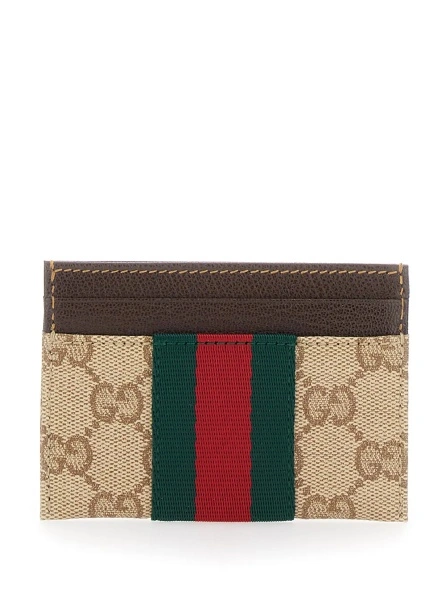 Portofele beige Card holder with Web stripe and all-over GG motif in fabric for women