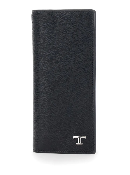 Portofele Vertical Wallet 'TOD'S' with Logo Plate on the Front in Black Hammered Leather for Men