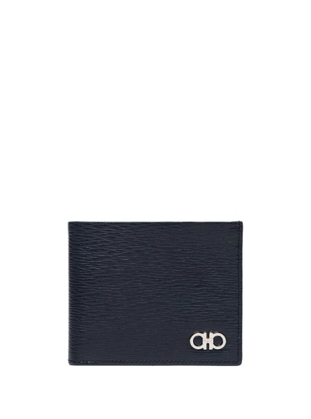 Portofele Wallet with Metallic Front Logo in Blue Leather for Men