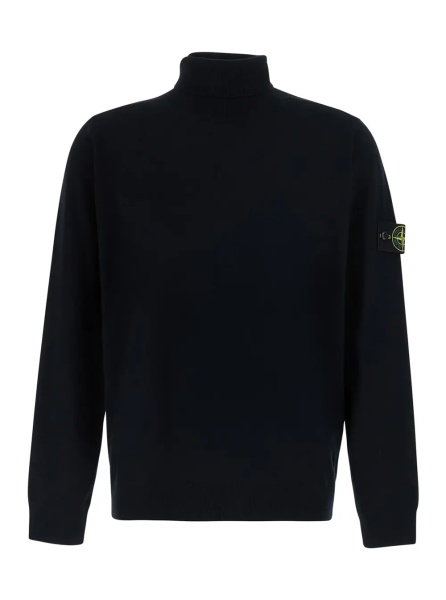 Pulover Black Sweater with high collar and logo patch on the sleeve in Cotton Men