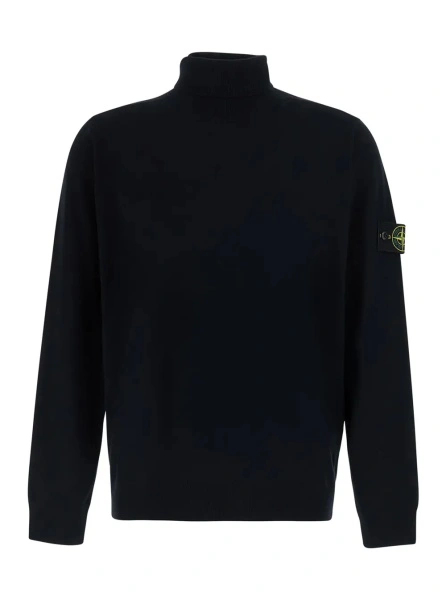 Pulover Black Sweater with high collar and logo patch on the sleeve in Cotton Men