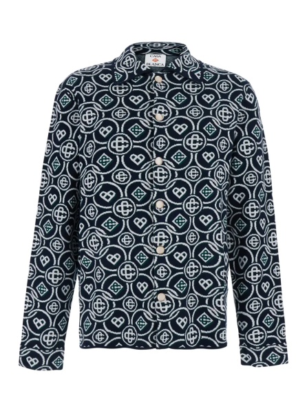 Pulover Blue Shirt with classic collar and all-over logo monogram in cotton for men