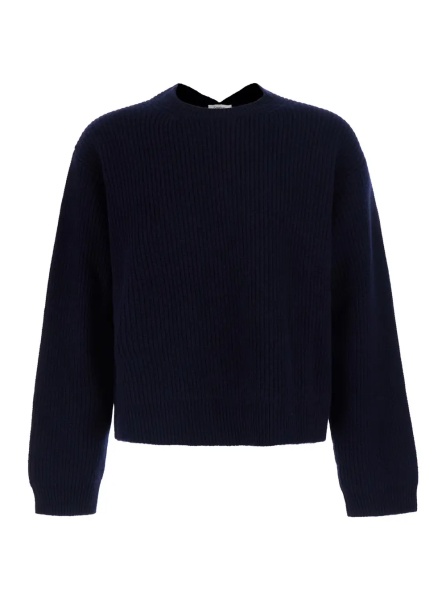 Pulover Blue Sweater with round neck and V-neck on the back in ribbed wool for men