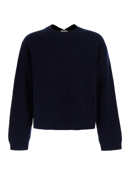 Pulover Blue Sweater with round neck and V-neck on the back in ribbed wool for men