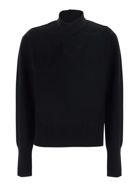 Pulover CUTOUT PULL with V-neck and long sleeves in black viscose for women