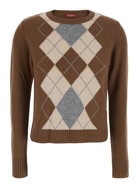 Pulover 'Faraone' Brown Short Crew Neck Sweater with Diamond Motif on the Front in Wool and Cashmere for Women